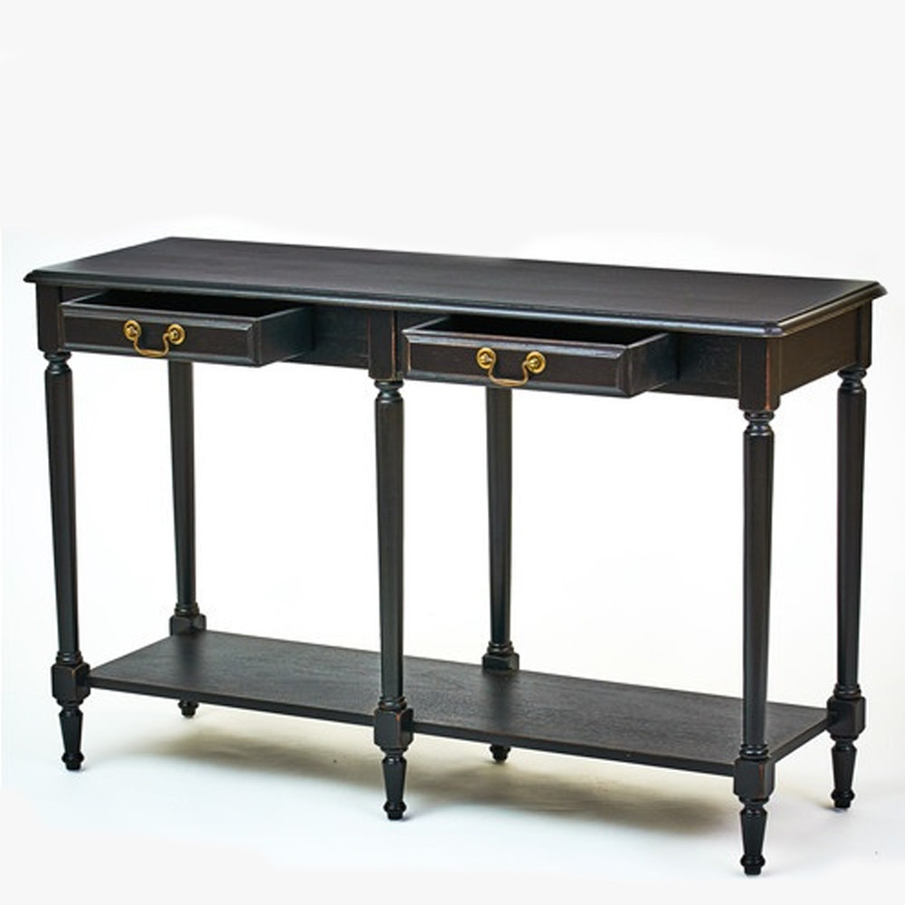 Консоль черная из массива березы с полкой и двумя ящиками Vintage