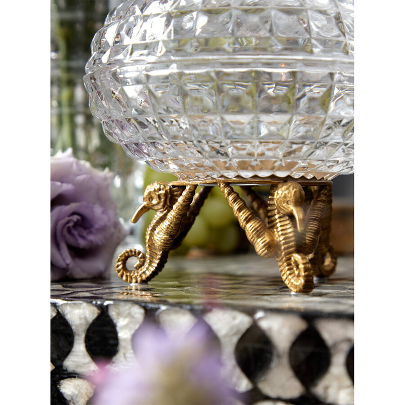 Конфетница прозрачная стеклянная на бронзовых ножках в виде морских коньков с крышкой в виде ракушки Eden Garden