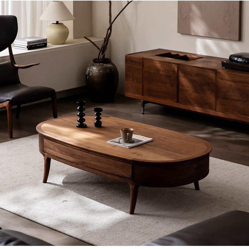 Кофейный стол овальный из дерева с 2-мя ящиками Coffee Walnut Table