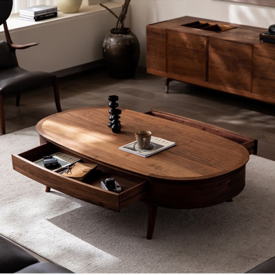 Кофейный стол овальный из дерева с 2-мя ящиками Coffee Walnut Table