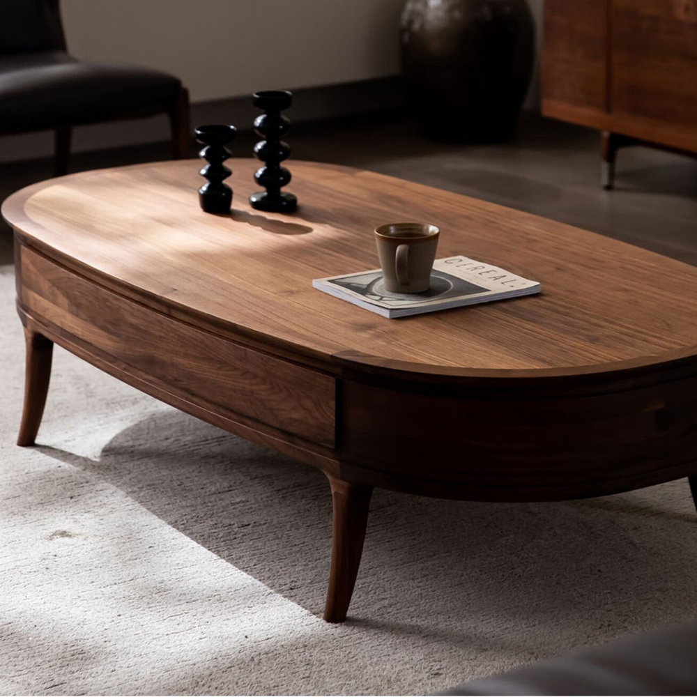 Кофейный стол овальный из дерева с 2-мя ящиками Coffee Walnut Table