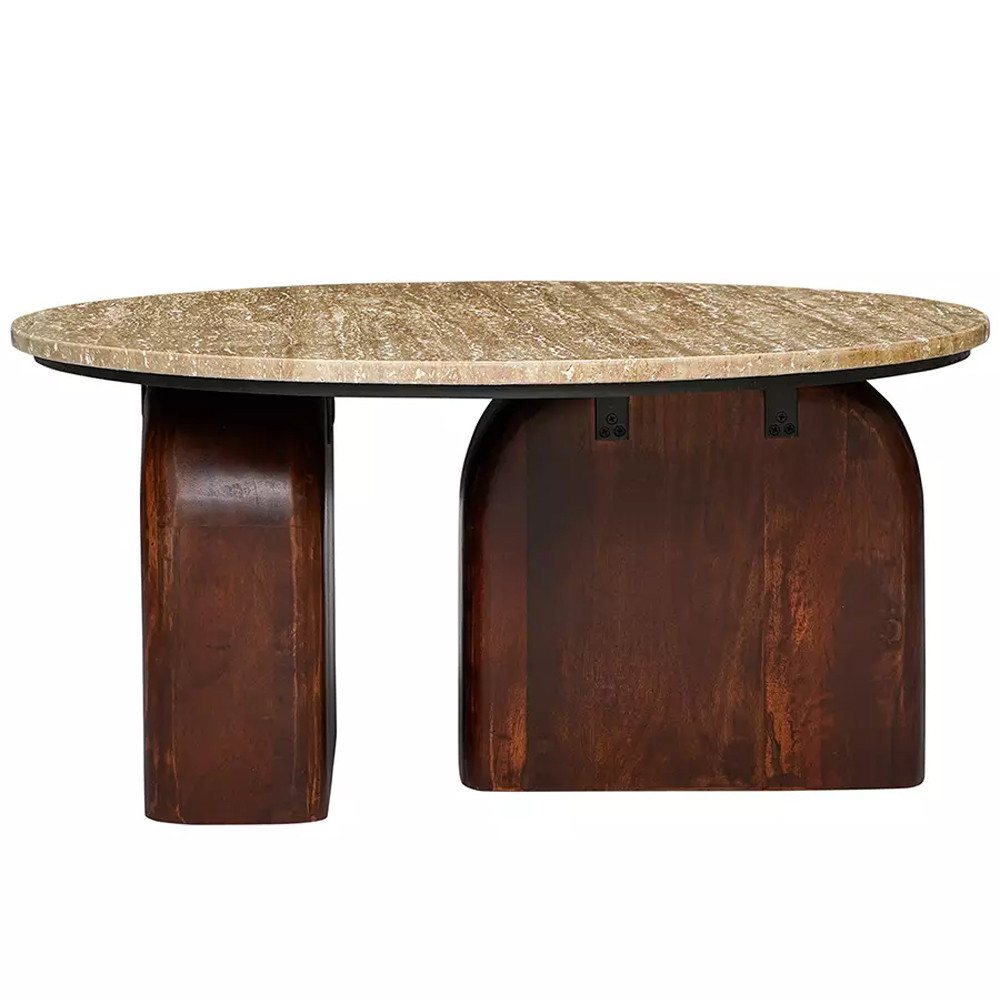 Кофейный столик с круглой столешницей на 2-х массивных деревянных ножках Tandem Travertine and Wood