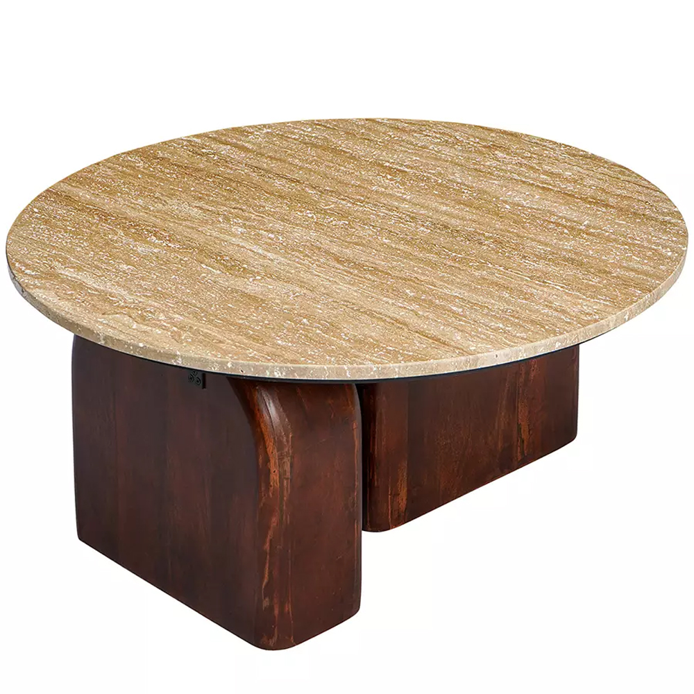 Кофейный столик с круглой столешницей на 2-х массивных деревянных ножках Tandem Travertine and Wood