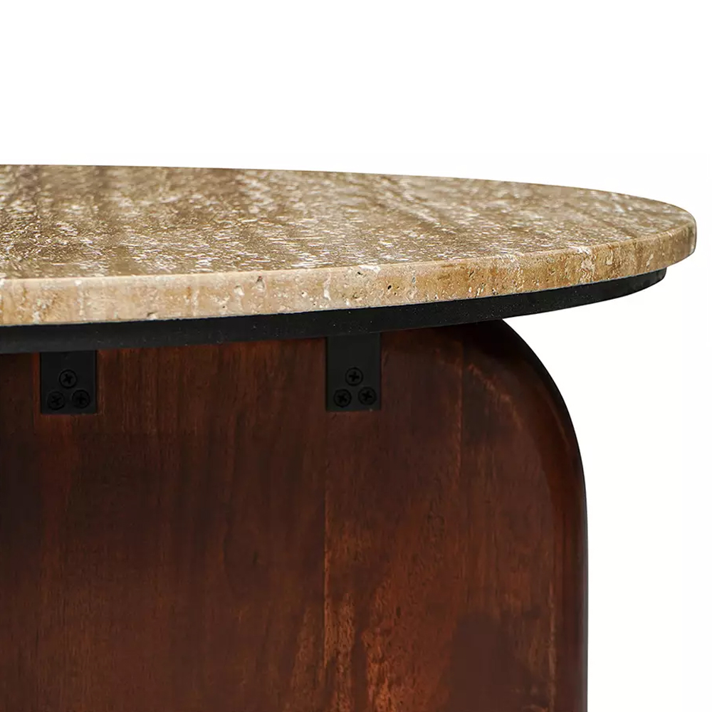 Кофейный столик с круглой столешницей на 2-х массивных деревянных ножках Tandem Travertine and Wood