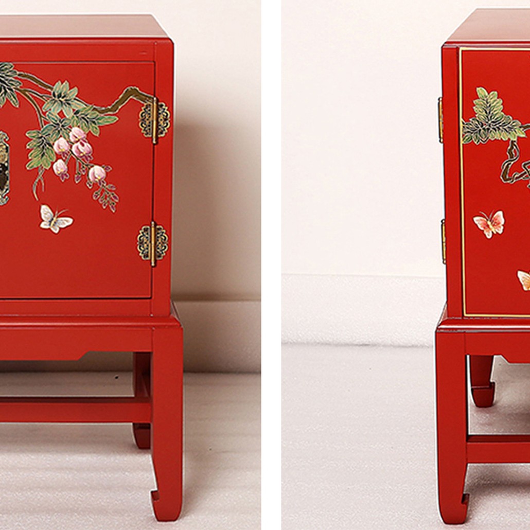 Красная Тумба в Китайском Стиле ручная роспись Бабочки и Ветвь Butterflies and Branch Nightstand