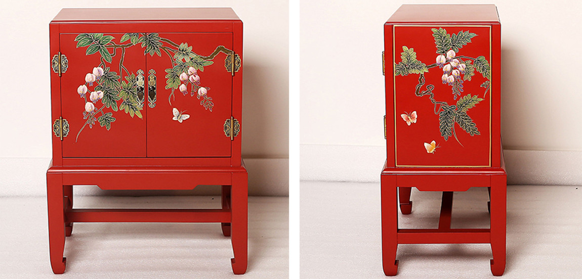 Красная Тумба в Китайском Стиле ручная роспись Бабочки и Ветвь Butterflies and Branch Nightstand
