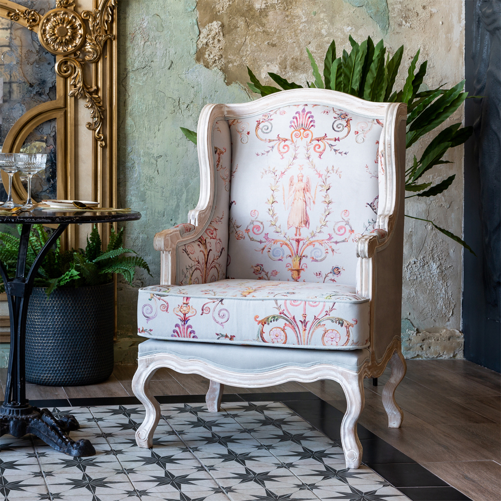 Кресло из массива бука серое с растительным орнаментом Raffael Floral Grey Armchair