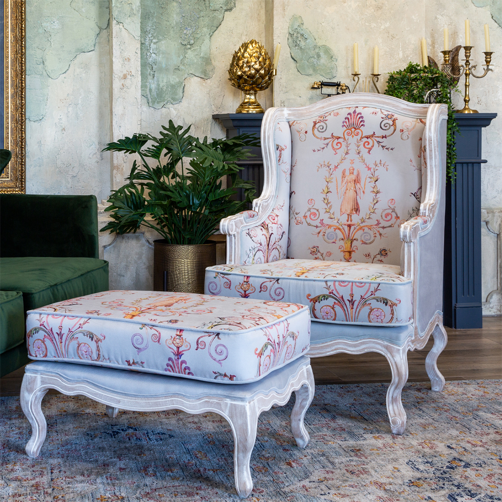 Кресло из массива бука серое с растительным орнаментом Raffael Floral Grey Armchair