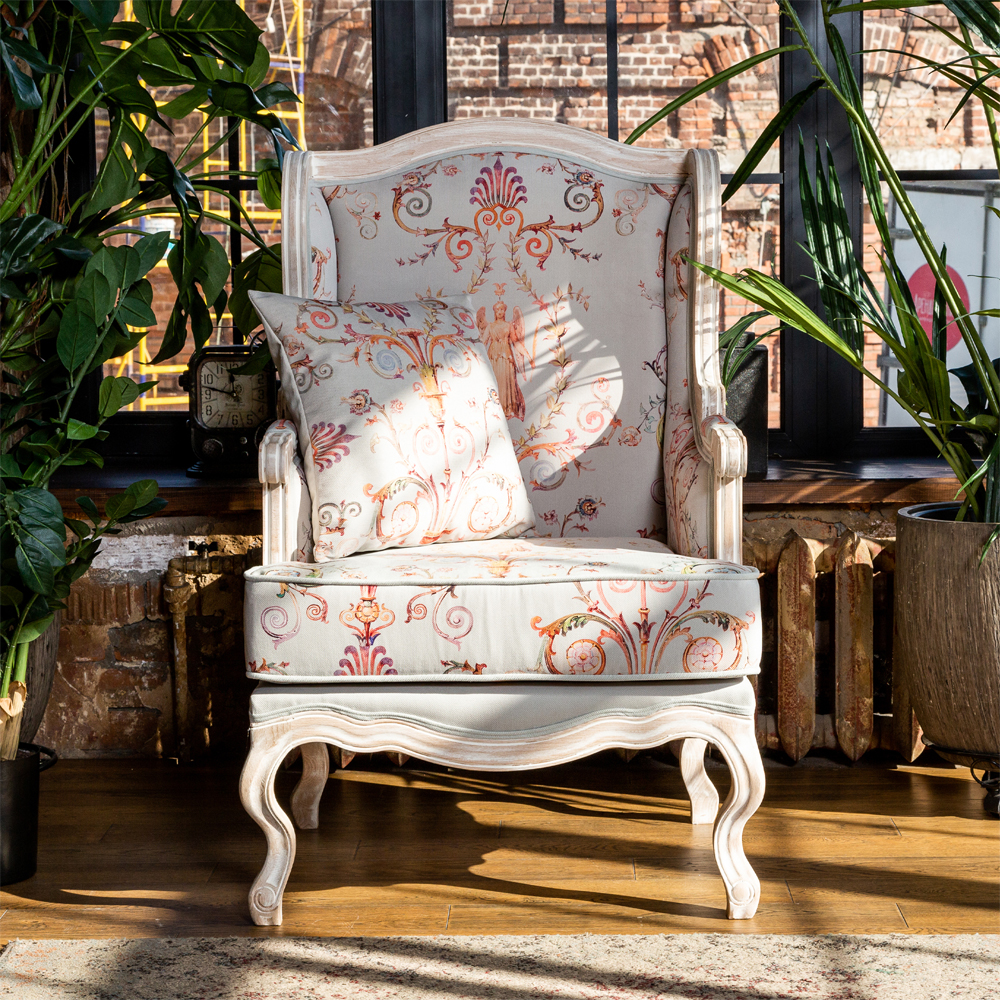 Кресло из массива бука серое с растительным орнаментом Raffael Floral Grey Armchair