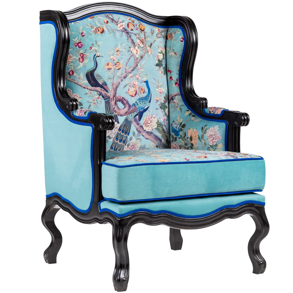 Кресло из натурального бука бирюзовое с изображением птиц и цветов Turquoise Chinoiserie Garden Armchair