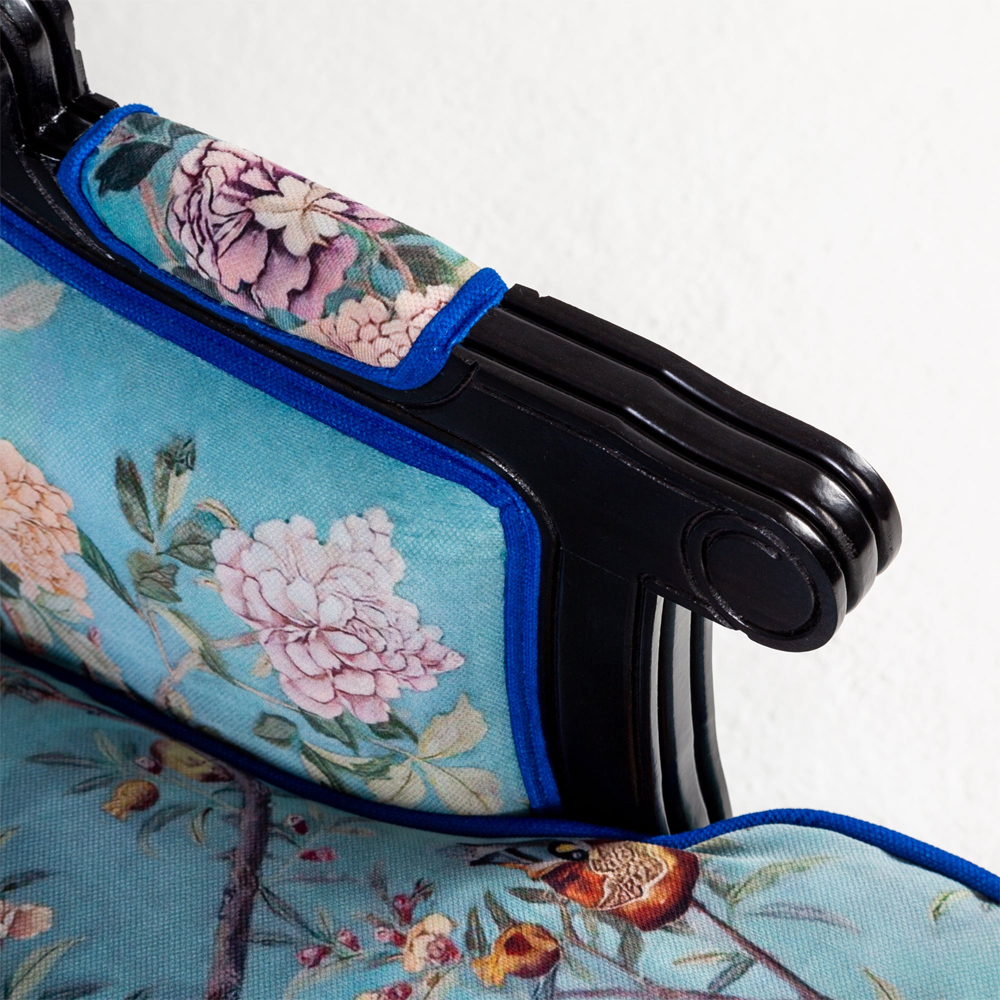 Кресло из натурального бука бирюзовое с изображением птиц и цветов Turquoise Chinoiserie Garden Armchair