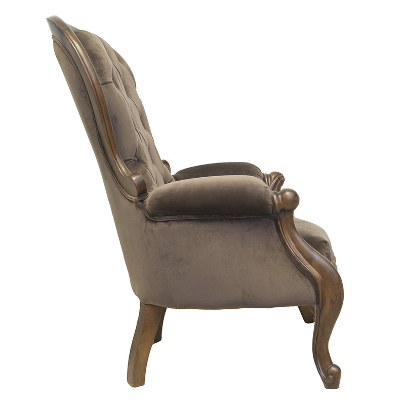 Кресло с мягкой обивкой из коричневого велюра на 4-х деревянных ножках Evelyn Classical Armchair