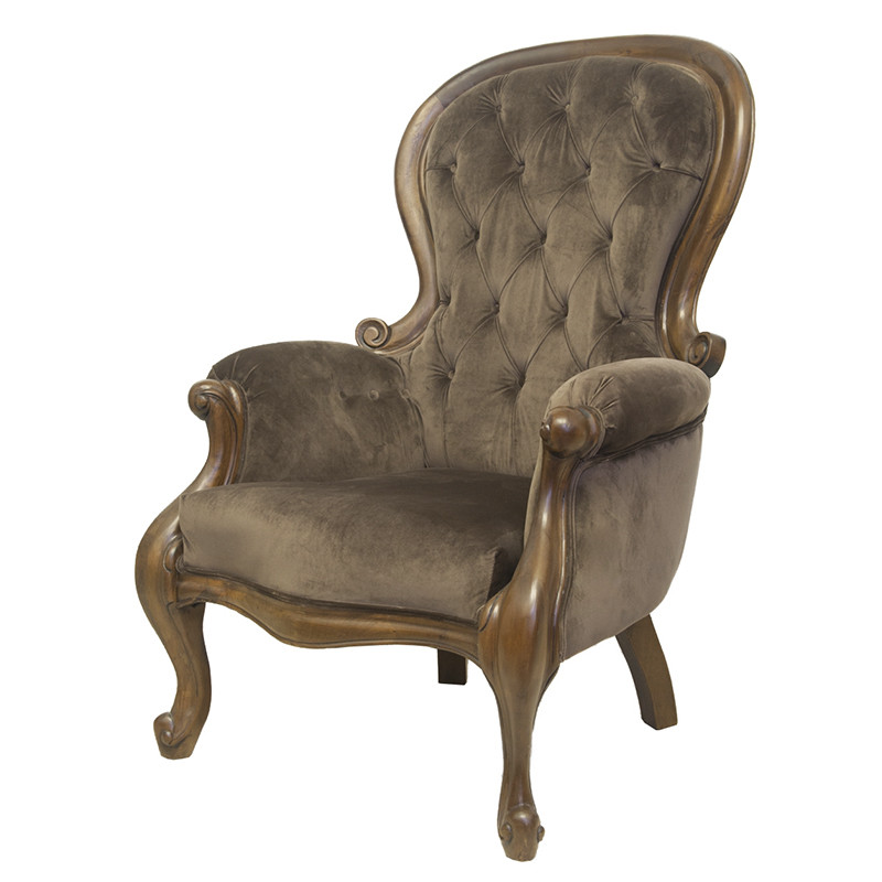 Кресло с мягкой обивкой из коричневого велюра на 4-х деревянных ножках Evelyn Classical Armchair