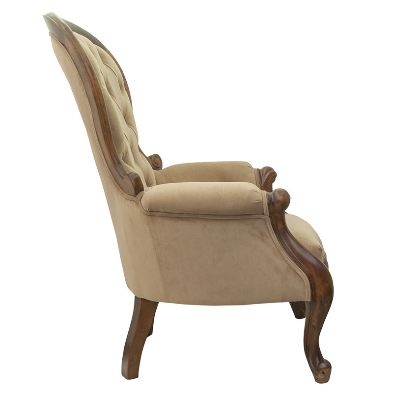 Кресло с мягкой обивкой из светло-коричневого велюра на 4-х деревянных ножках Evelyn Classical Armchair