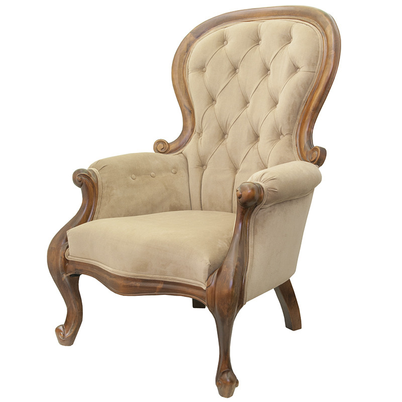 Кресло с мягкой обивкой из светло-коричневого велюра на 4-х деревянных ножках Evelyn Classical Armchair