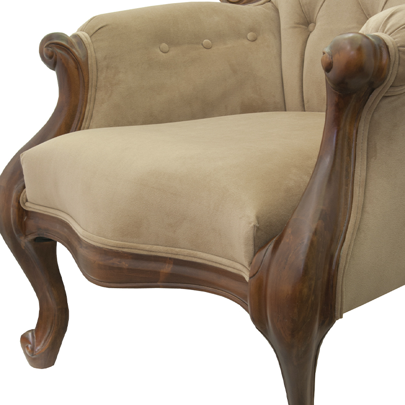Кресло с мягкой обивкой из светло-коричневого велюра на 4-х деревянных ножках Evelyn Classical Armchair