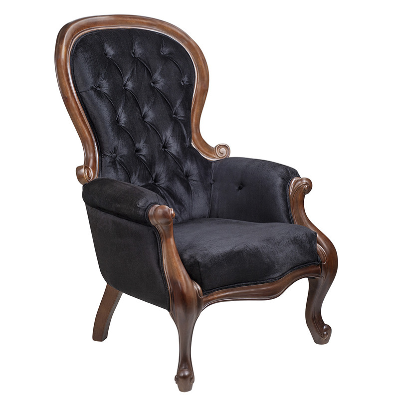 Кресло с мягкой обивкой из черного велюра на 4-х деревянных ножках Evelyn Classical Armchair