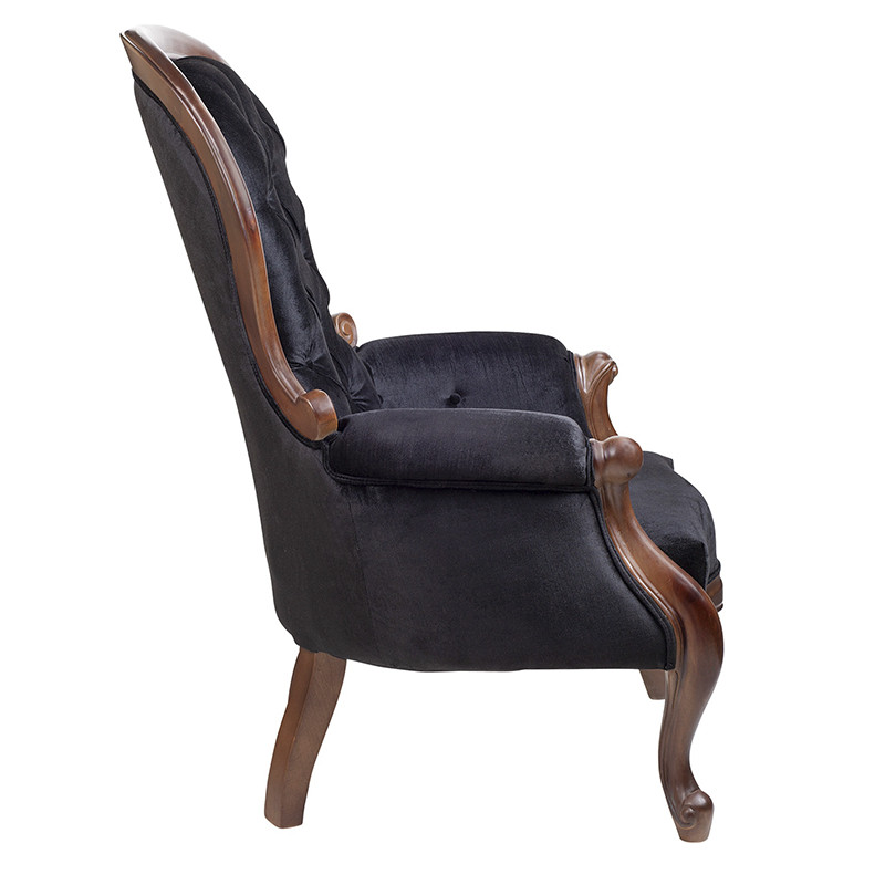 Кресло с мягкой обивкой из черного велюра на 4-х деревянных ножках Evelyn Classical Armchair