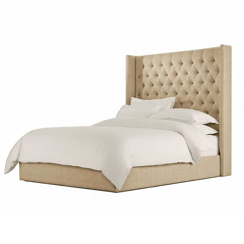 Кровать двуспальная бежевая с основанием из массива дерева с мягким изголовьем Flax Beds