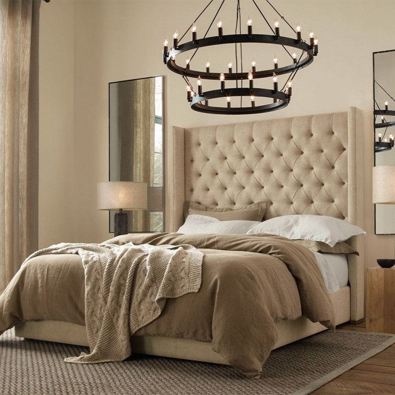 Кровать двуспальная бежевая с основанием из массива дерева с мягким изголовьем Flax Beds