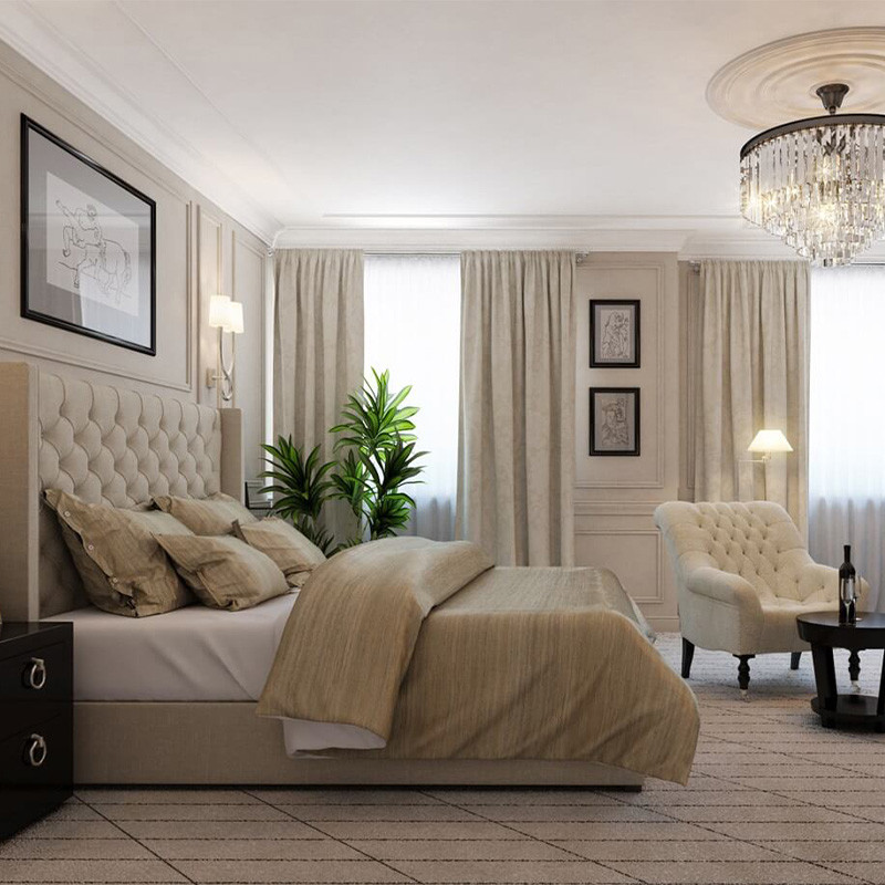 Кровать двуспальная бежевая с основанием из массива дерева с мягким изголовьем Flax Beds