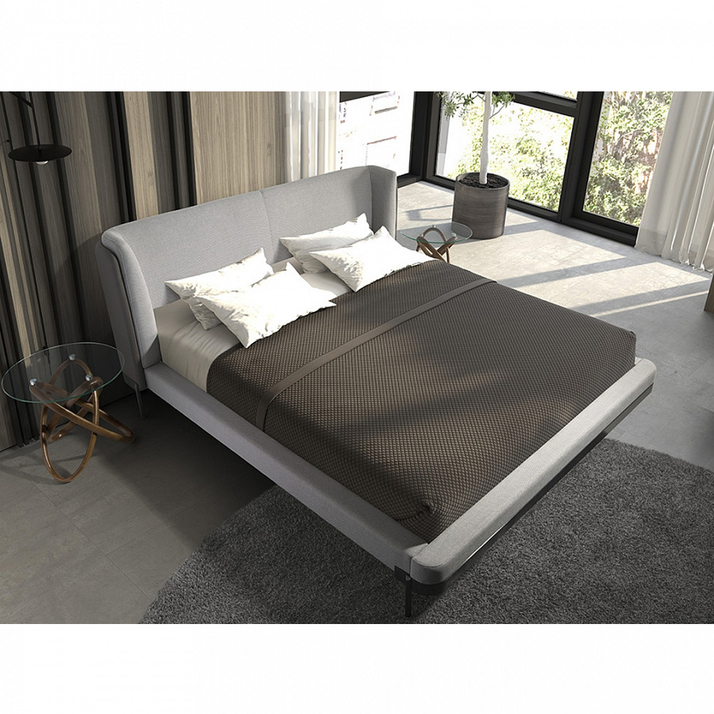 Кровать двуспальная серая с мягким изголовьем из экокожи и ткани Modern Look