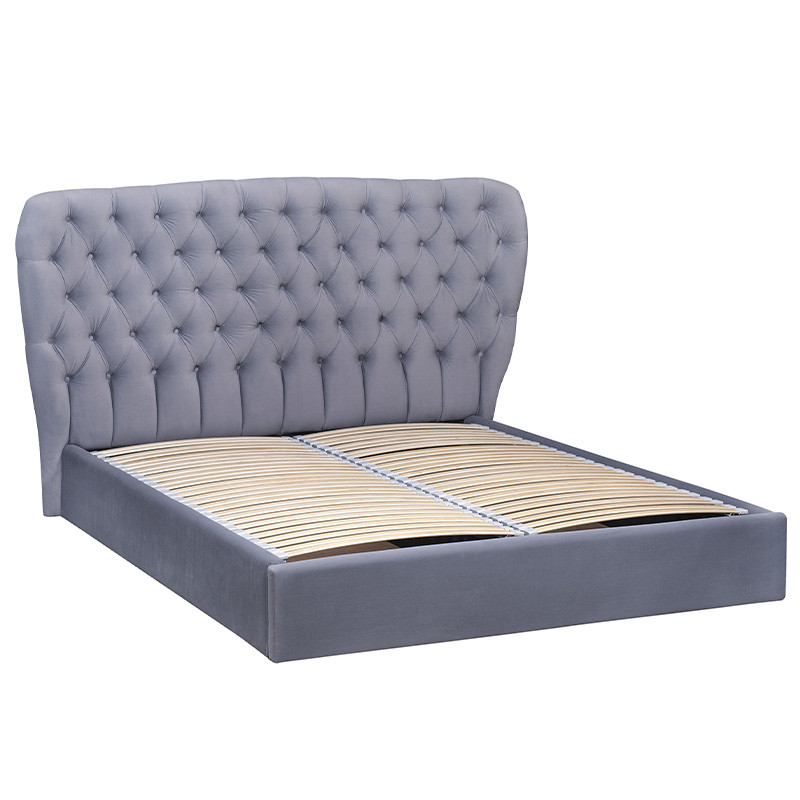 Кровать двуспальная серая с основанием из массива дерева с мягким изголовьем Velour Beds