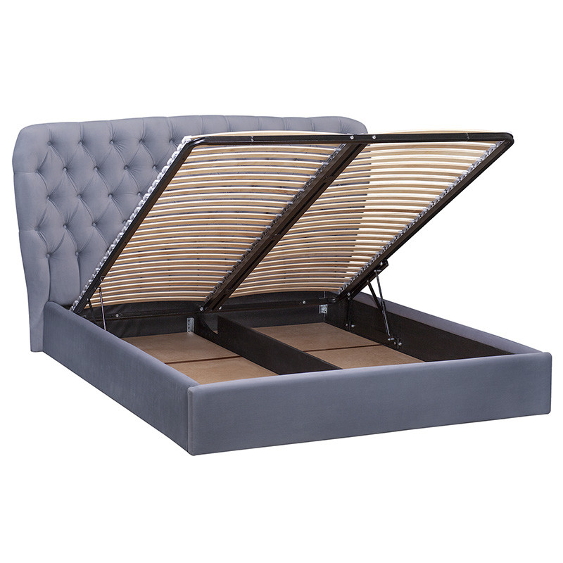 Кровать двуспальная серая с основанием из массива дерева с мягким изголовьем Velour Beds