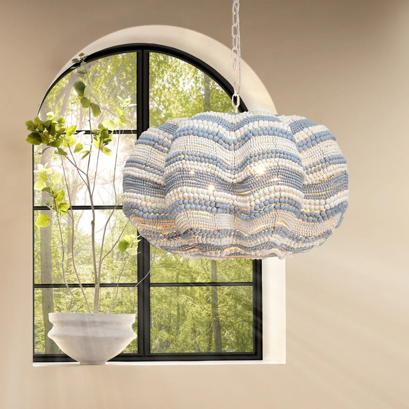 Круглая люстра волнистой формы декорированная бусами Blue White Stripes Wavy Chandelier