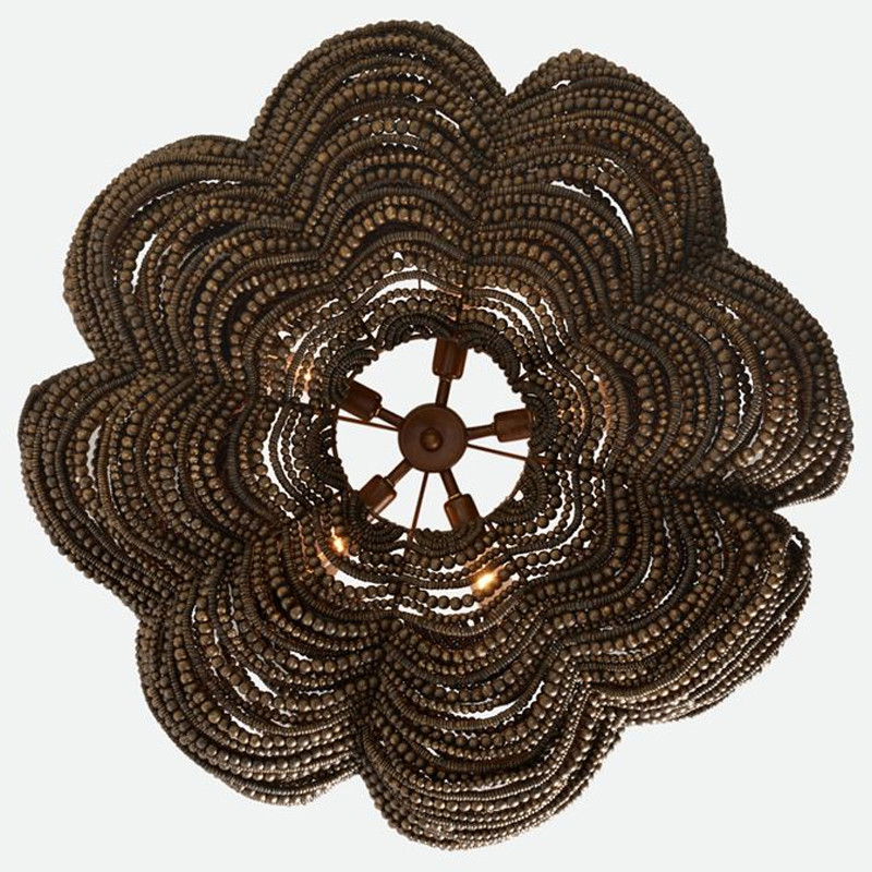 Круглая люстра волнистой формы с декором из круглых деревянных бусин коричневая Brown Wooden Beads Chandelier