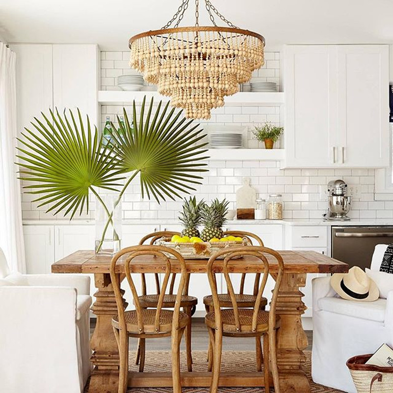 Круглая многоярусная люстра с круглыми деревянными подвесками Wooden Beads Chandelier Cream