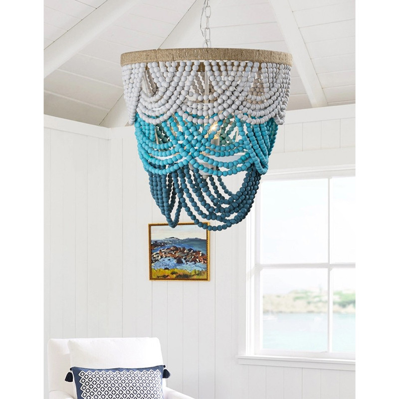 Круглая многоярусная люстра с подвесками в виде круглых бусин Wooden Beads Turquoise Chandelier