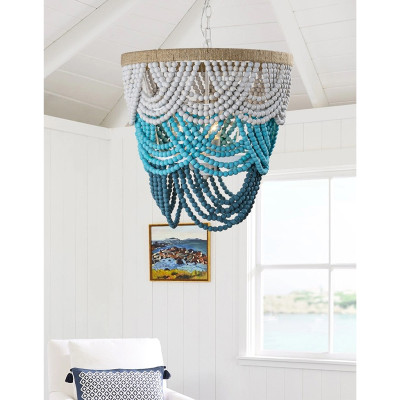Круглая многоярусная люстра с подвесками в виде круглых бусин Wooden Beads Turquoise Chandelier
