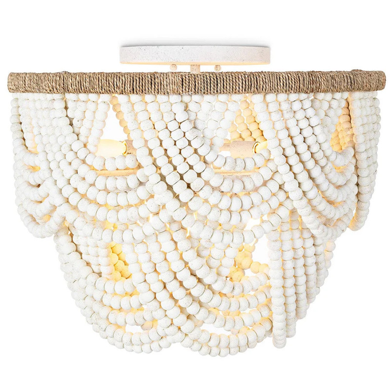 Круглый потолочный светильник с подвесками из круглых деревянных бусин Wooden Beads White Ceiling Lamp