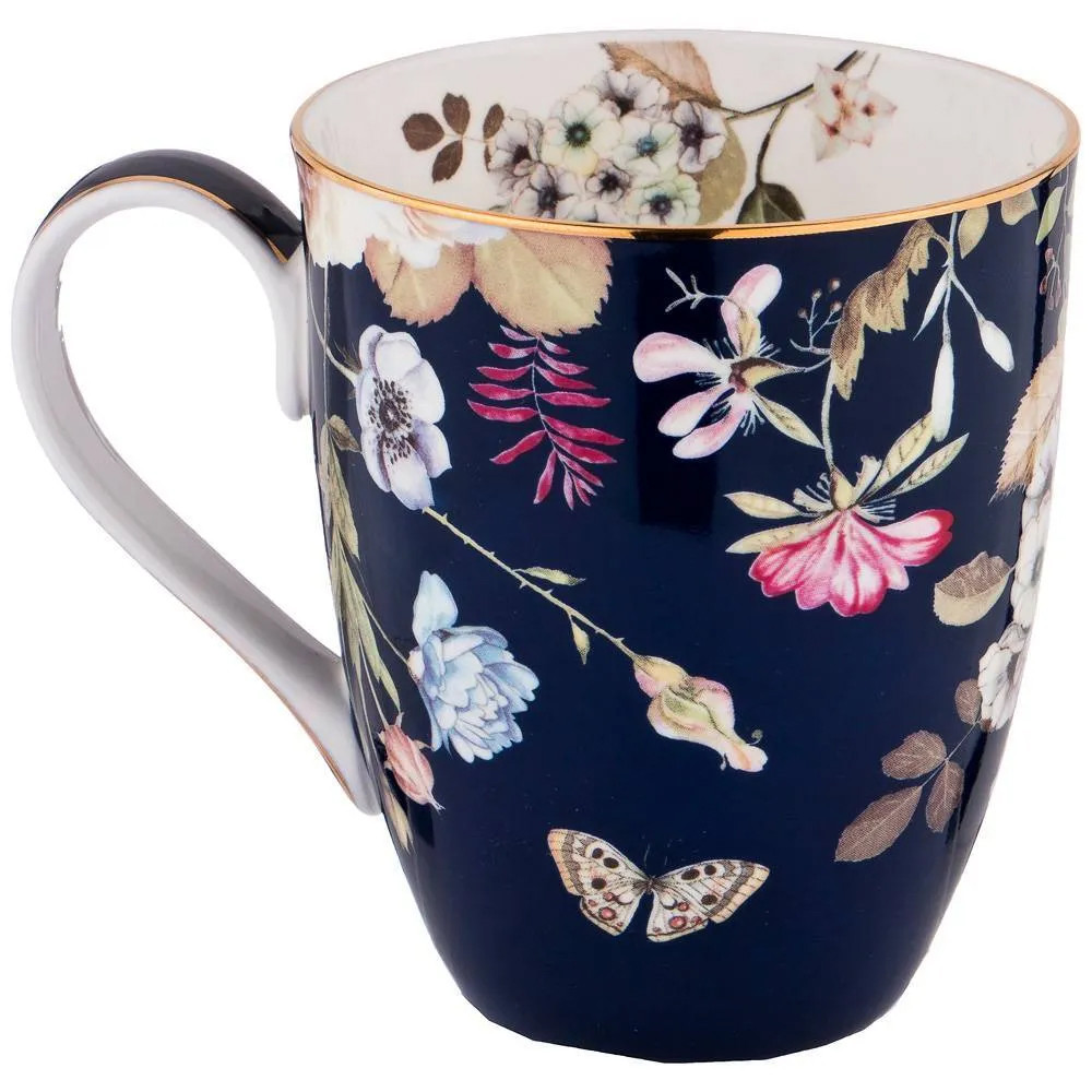 Кружка синяя из фарфора с рисунком цветов 400 мл Garden Whisper Porcelain Set