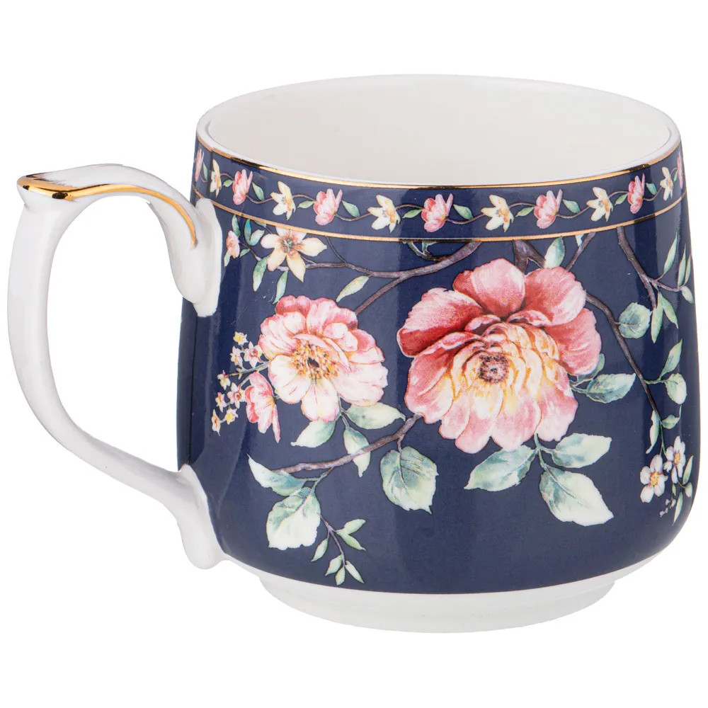 Кружка фарфоровая синяя с цветочным принтом 470 мл Flower Porcelain Collection