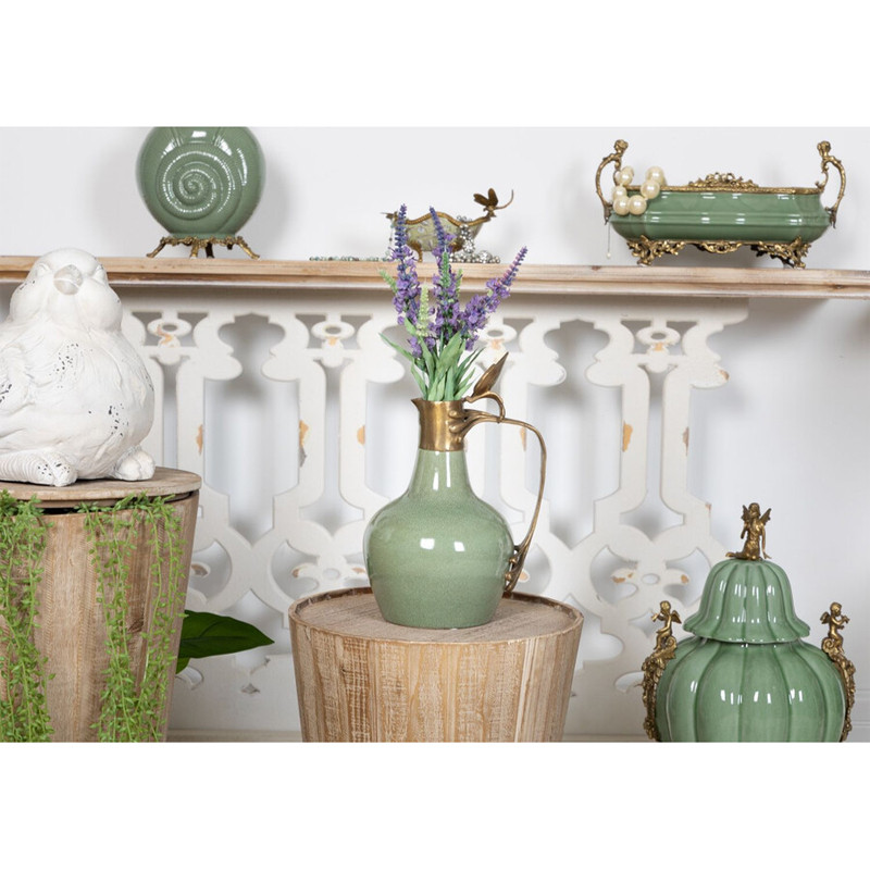 Кувшин зеленого цвета из фарфора с бронзовой крышкой и изогнутой ручкой Eden Garden porcelain and bronze