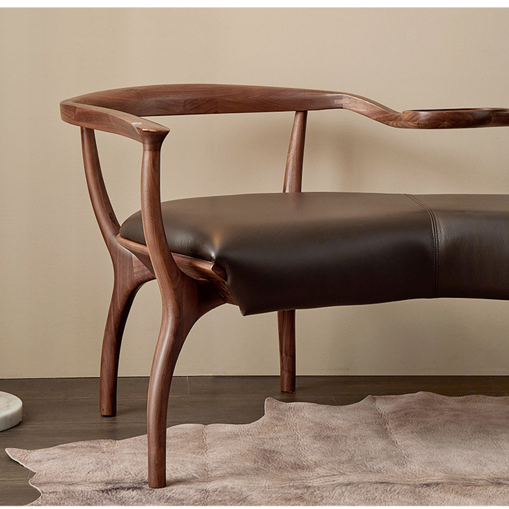 Кушетка с деревянным каркасом и сиденьем из коричневой натуральной кожи Moon Walnut Furniture