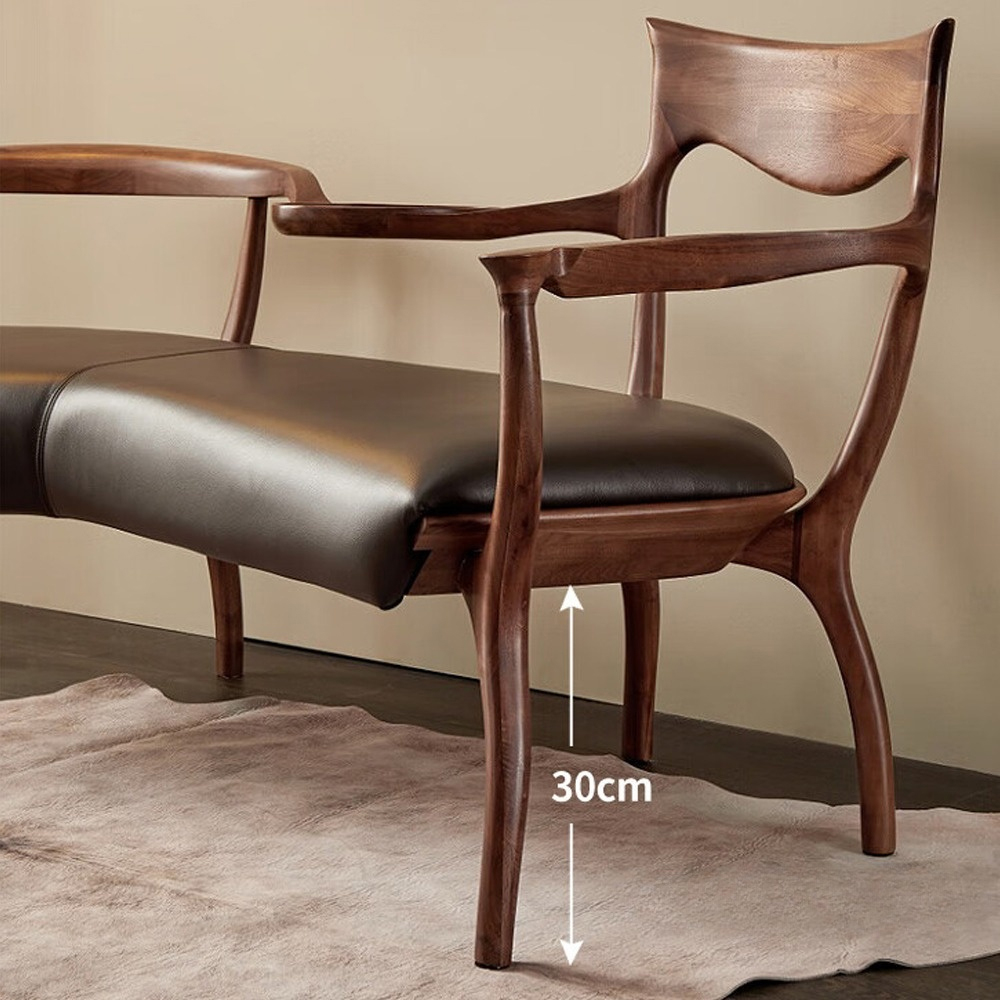 Кушетка с деревянным каркасом и сиденьем из коричневой натуральной кожи Moon Walnut Furniture