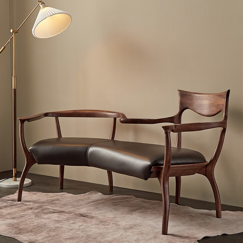 Кушетка с деревянным каркасом и сиденьем из коричневой натуральной кожи Moon Walnut Furniture