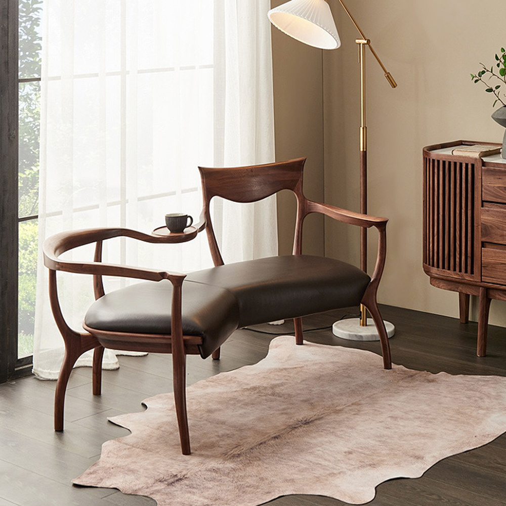 Кушетка с деревянным каркасом и сиденьем из коричневой натуральной кожи Moon Walnut Furniture