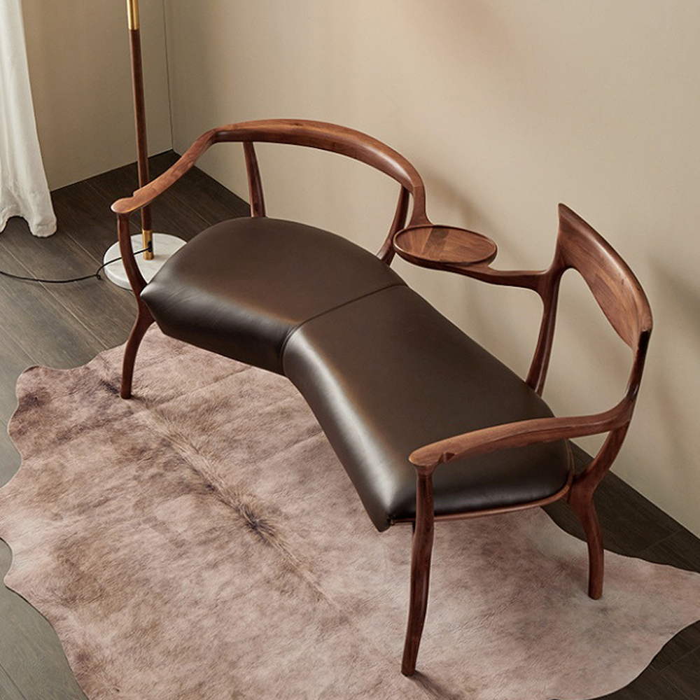 Кушетка с деревянным каркасом и сиденьем из коричневой натуральной кожи Moon Walnut Furniture