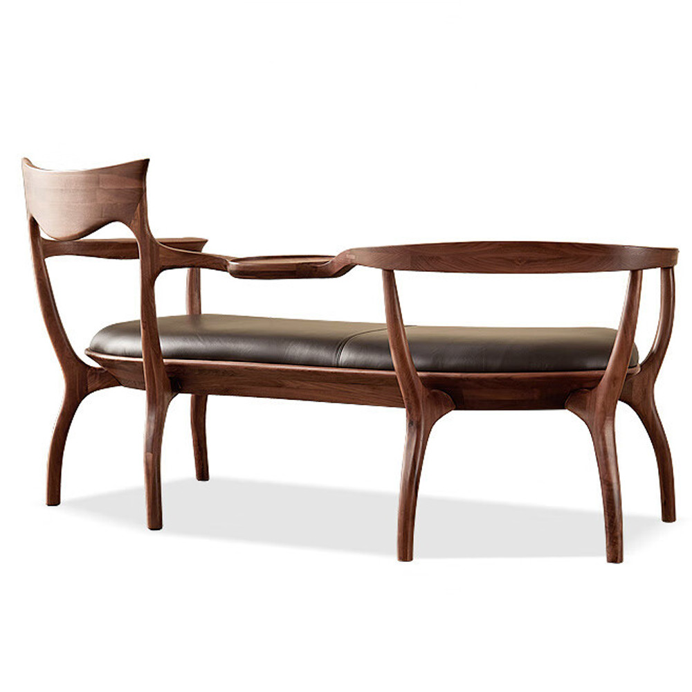 Кушетка с деревянным каркасом и сиденьем из коричневой натуральной кожи Moon Walnut Furniture