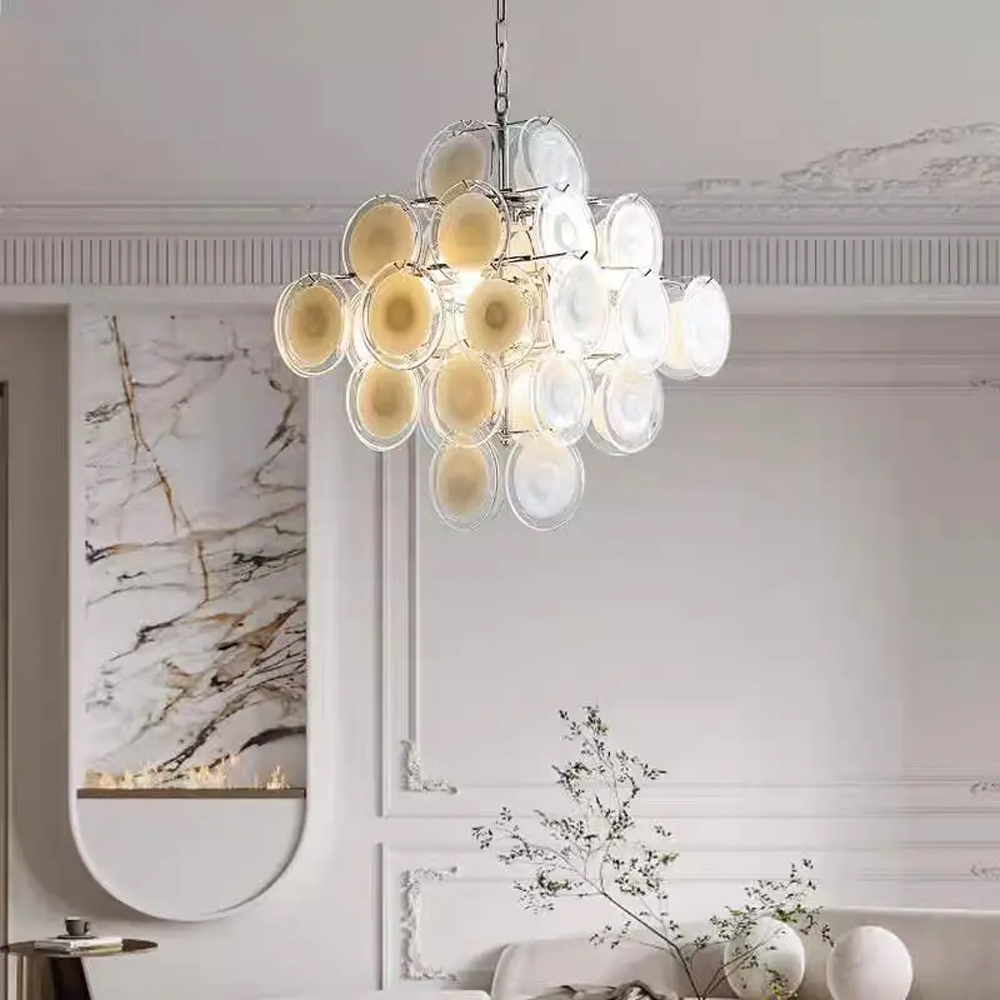 Люстра  с каскадом из круглых декоративных элементов  White Clear Glass Chandelier