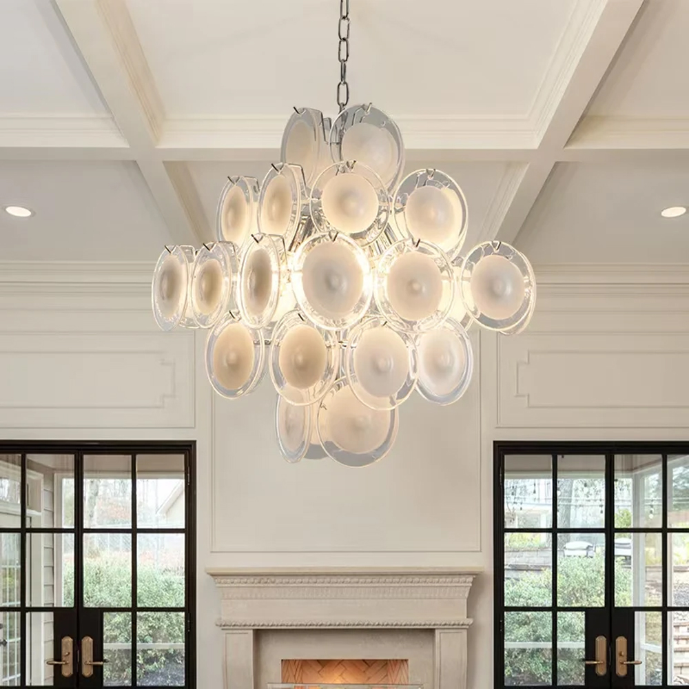 Люстра  с каскадом из круглых декоративных элементов  White Clear Glass Chandelier