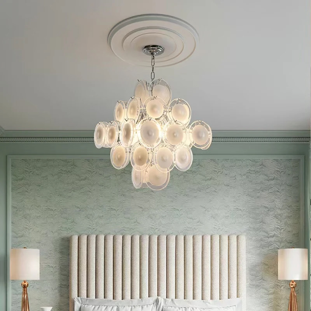 Люстра  с каскадом из круглых декоративных элементов  White Clear Glass Chandelier