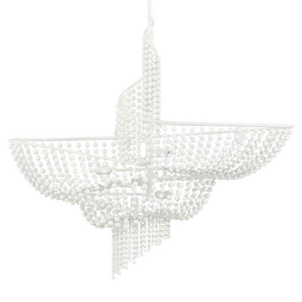Люстра белая в форме спирали с декором из круглых деревянных бусин White Wooden Beads