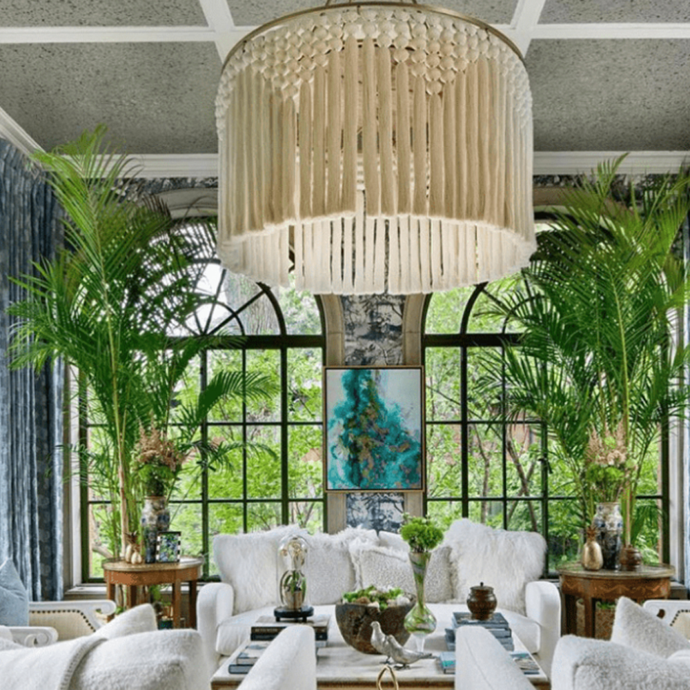 Люстра белая плетеная с кисточками Boho Tassel Chandelier