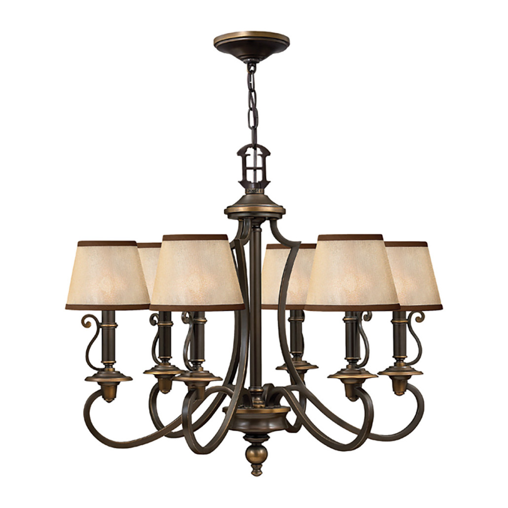 Люстра бронзового цвета с бежевыми абажурами из органзы в классическом стиле Hinkley
