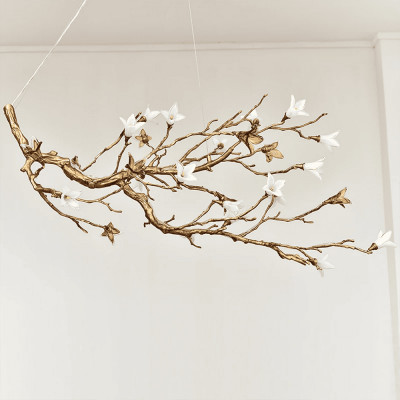 Люстра в виде золотой ветки с цветами Glass Flower Pendant Light